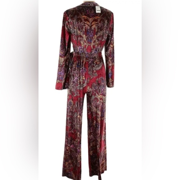 Free People Delphine Velvet Paisley Wine Jumpsuit Wide Leg One Piece. Large - Picture 7 of 7